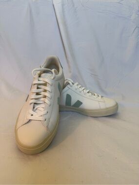 Veja Women's White Sneakers with Mint Green “V”.  Color is called “Matcha”